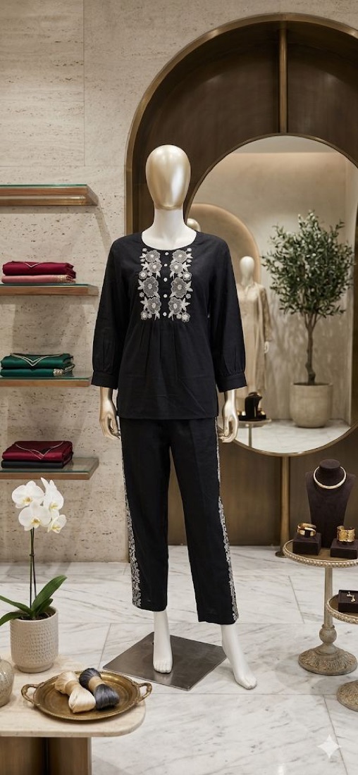 Black Cord Set with White Embroidery