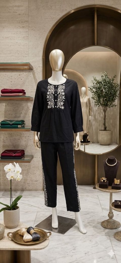 Black Cord Set with White Embroidery