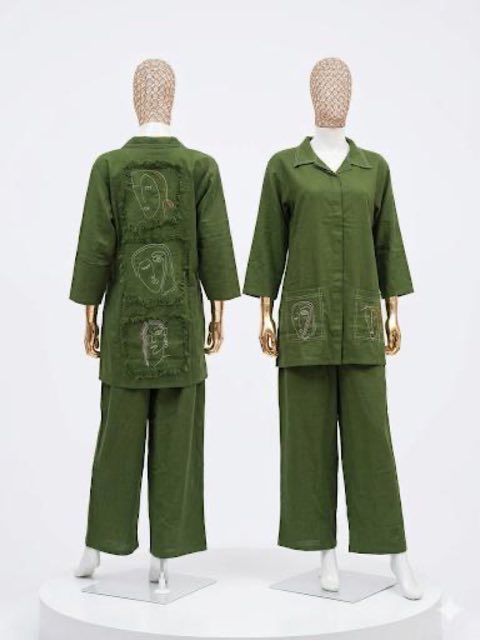 Dark Green Embroidered Cord Set